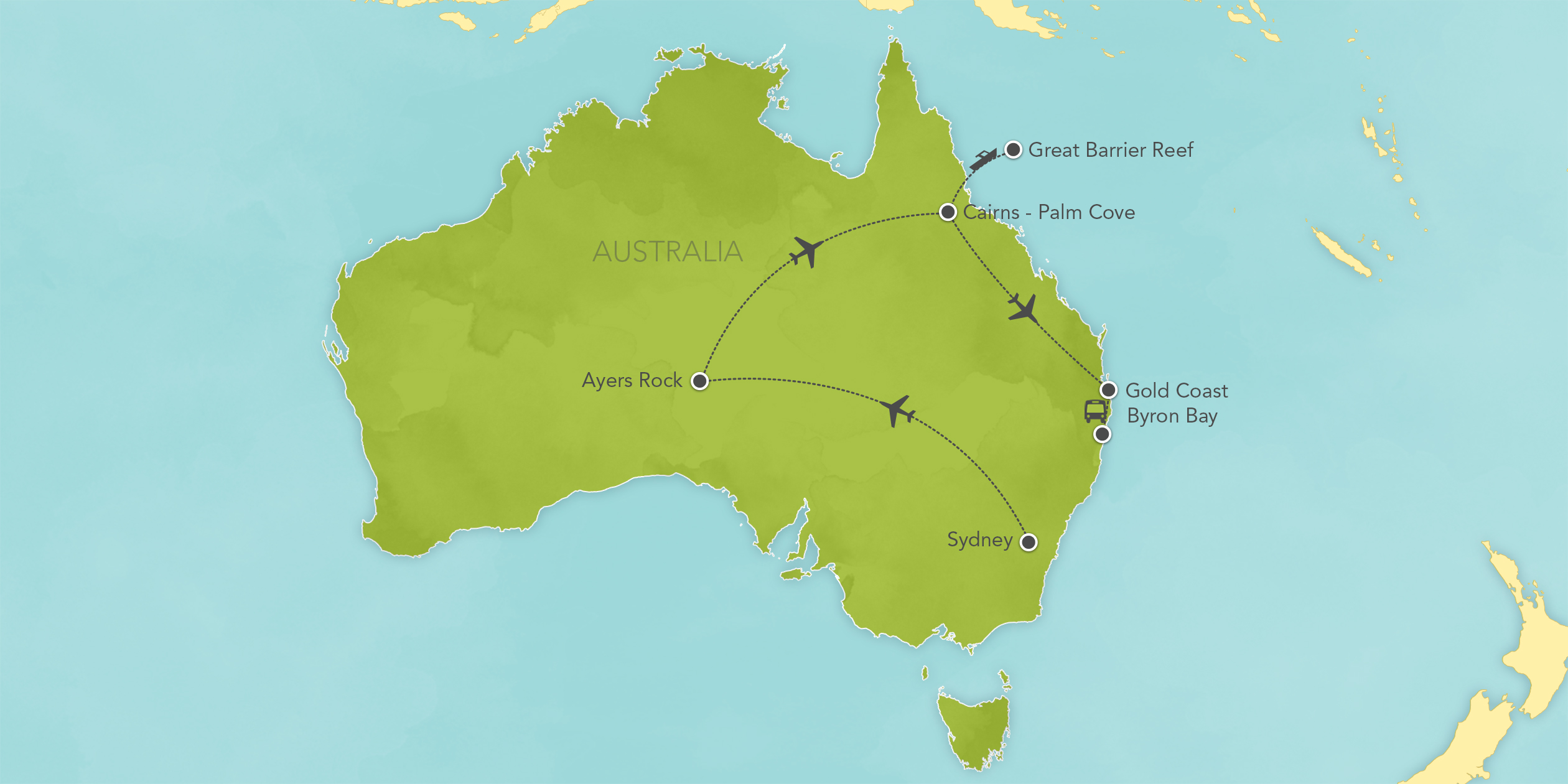 Itinerary map of Australia: Sydney, Ayers Rock, Tasmania & Great Barrier Reef 2018