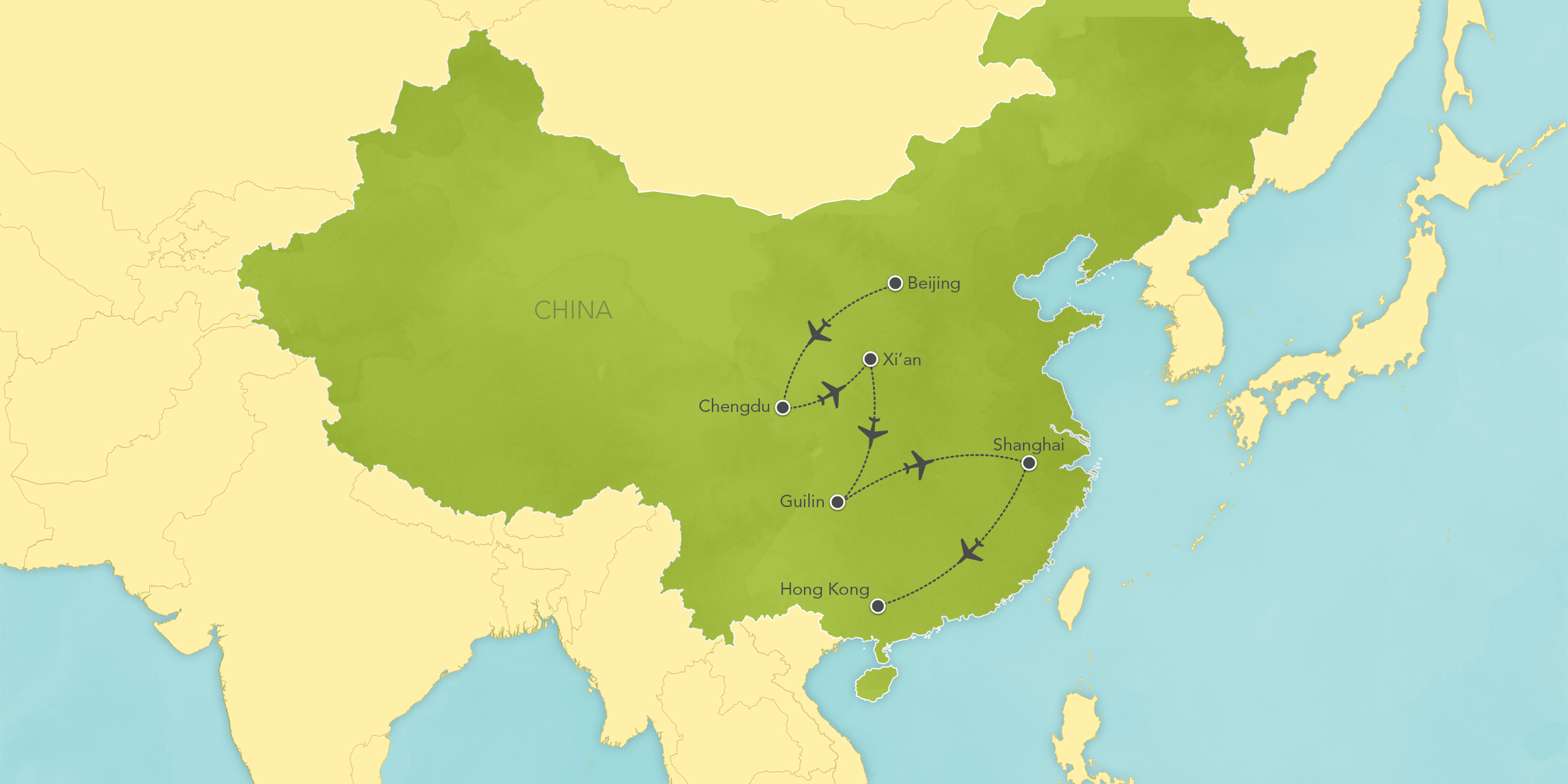 Itinerary map of China: Chengdu, Xi