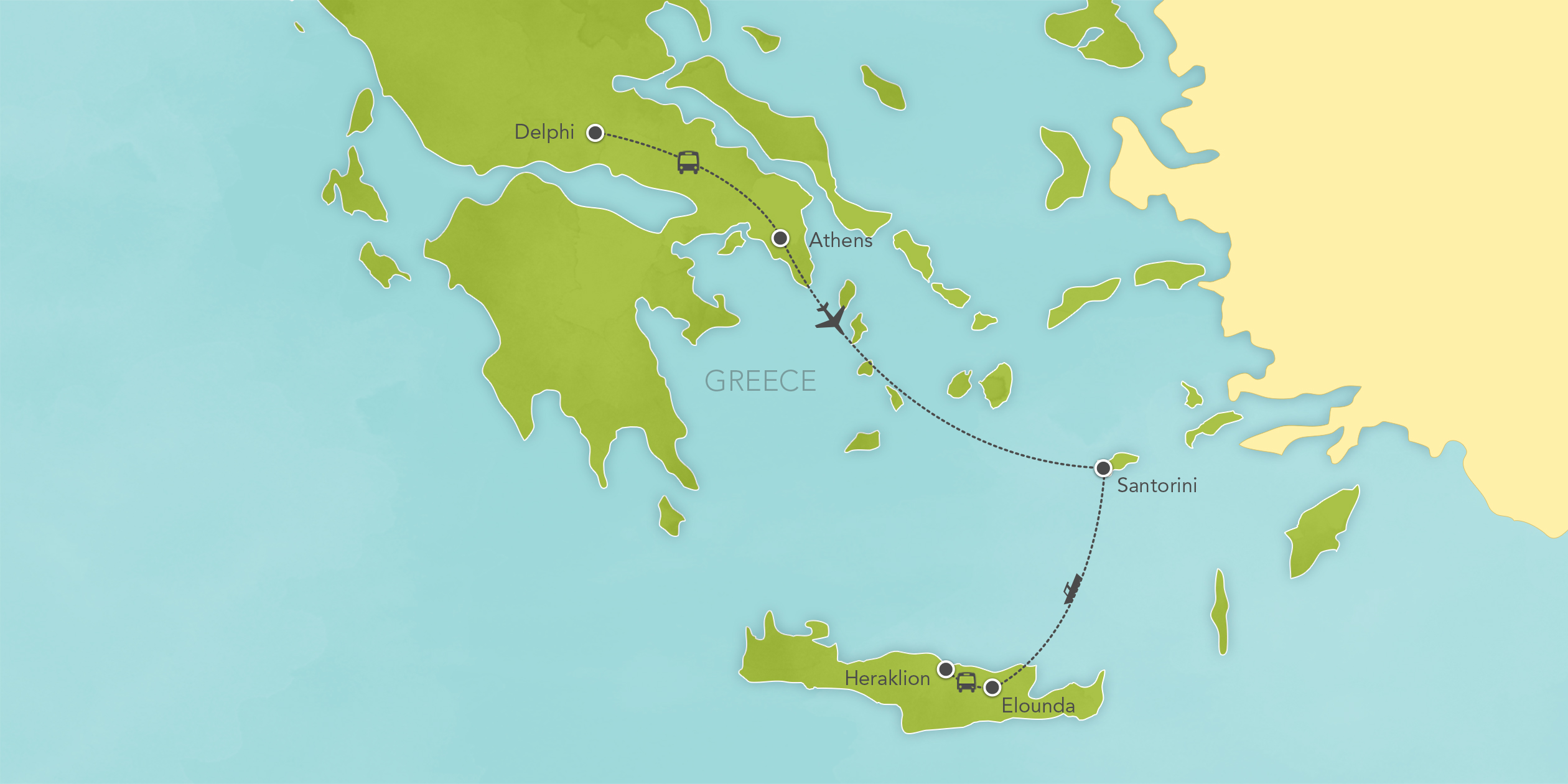 Itinerary map of Greece: Athens, Delphi, Santorini, Crete 2017