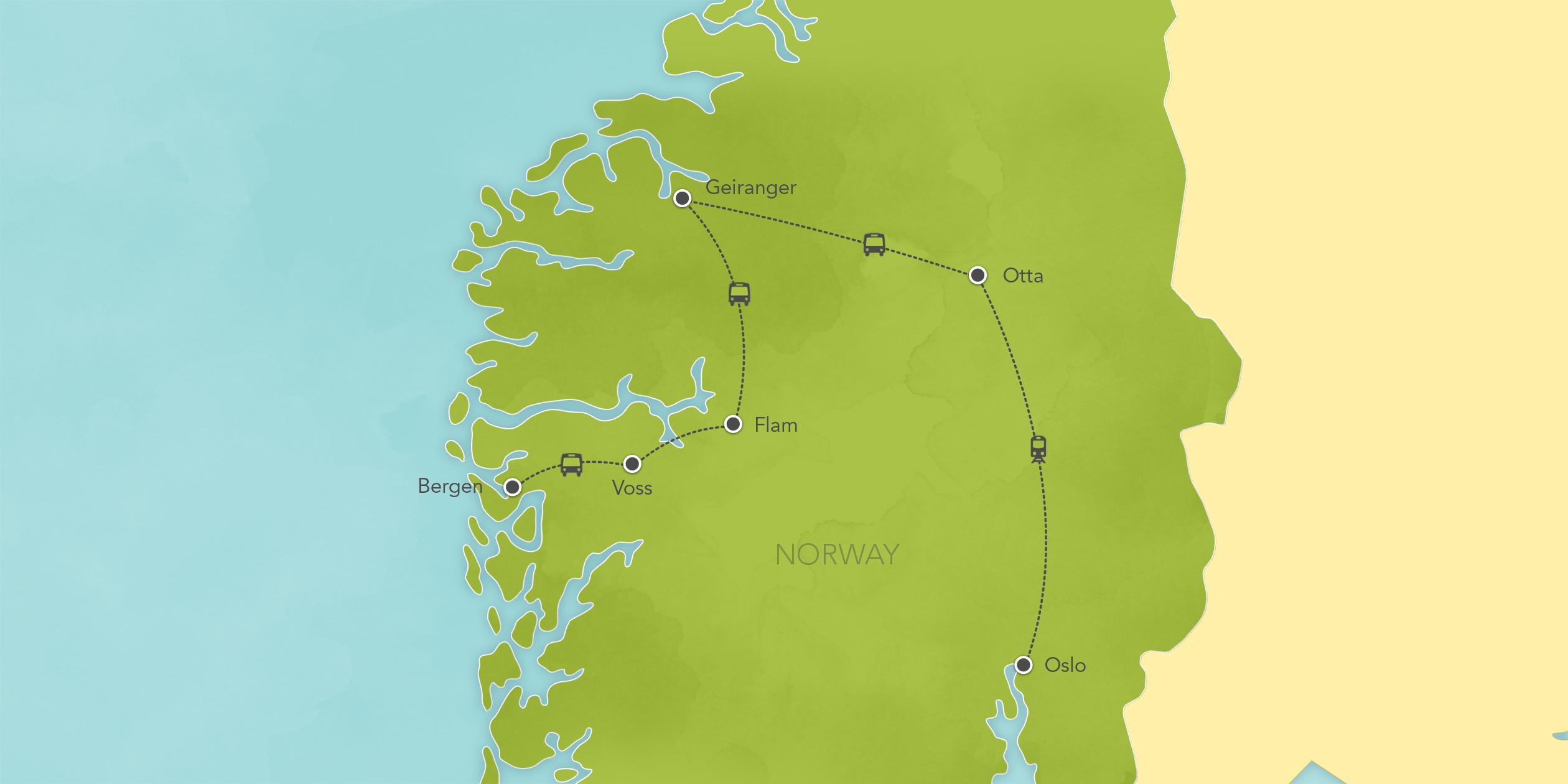 Itinerary map of Norway: Bergen, Flåm, Geiranger, Oslo 2017