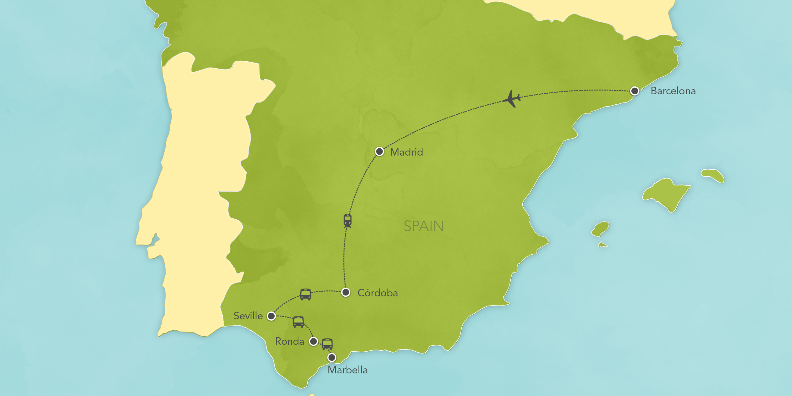 Itinerary map of Spain: Madrid, Segovia, Córdoba, Seville, Ronda, Marbella and Barcelona 2018