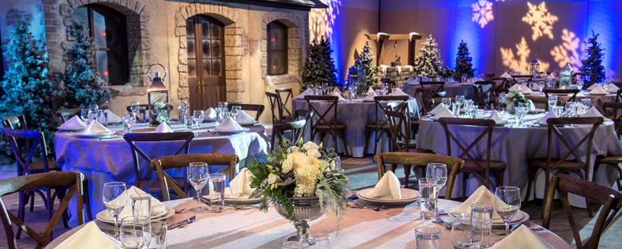A room with winter decorations including snowflake light projections, pine trees and dining tables featuring linens, floral centerpieces and more A room with winter decorations including snowflake light projections, pine trees and dining tables featuring linens, floral centerpieces and more