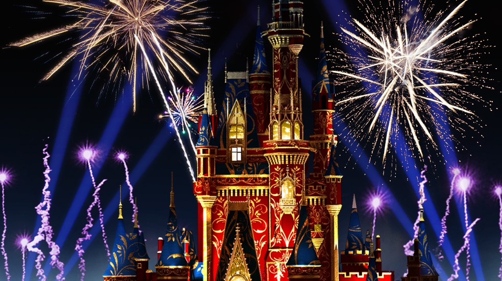 Vibrant colors wash over Cinderella Castle as fireworks light up the sky above