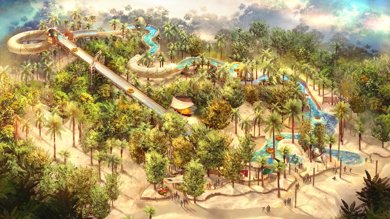 An illustrated rendition of the Miss Adventure Falls attraction at Disney’s Typhoon Lagoon water park