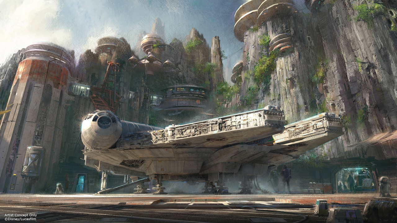 Ilustraciones conceptuales que muestran a los invitados mientras pilotan el Halcón Milenario en Star Wars: Galaxy's Edge