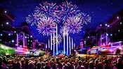 Arte conceptual de los fuegos artificiales con tema de Pixar y las proyecciones sobre Main Street, U.S.A. en Disneyland Park