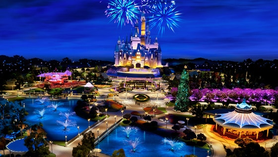 A painting of Shanghai Disneyland in China at night with fireworks over Enchanted Storybook Castle