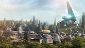 Une navette spatiale arrive pour un atterrissage à Star Wars: Galaxy's Edge Une navette spatiale arrive pour un atterrissage à Star Wars: Galaxy's Edge