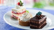 Strawberry shortcake, key lime pie and chocolate mousse cake on a plate