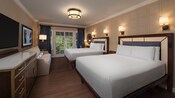 A room with 2 beds, drawers, a couch, a TV, a painting, lamps, a mirror, curtains and balcony access