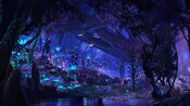 A group of Na’vi people wander through the bioluminescent rainforest at Pandora – The World of Avatar