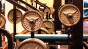 Close-up of weights on a Hammer Strength machine