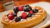 A waffle topped with blueberries, raspberries, blackberries, whipped cream and powdered sugar