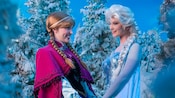 Princess Anna and Queen Elsa Characters grin and hold hands while surrounded by snowy pine trees