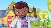 Smiling Doc McStuffins in her backyard playhouse clinic at Animation Courtyard in Disney’s Hollywood Studios.