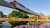 A monorail makes its way across the track above the flowery décor floating on World Showcase Lagoon