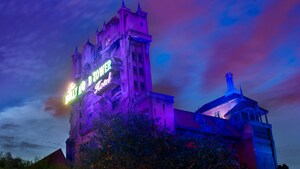 The Twilight Zone Tower of Terror lords ominously into the evening sky at Disney’s Hollywood Studios