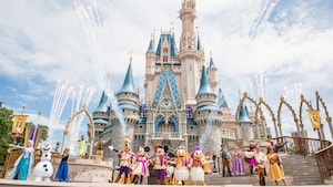 Mickey, Minnie, Donald, Daisy, Goofy and other characters pose during Mickey’s Royal Friendship Faire