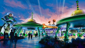 Concept art of Toy Story Land with a giant figure of Buzz Lightyear and the Alien Swirling Saucers spinner ride under 2 retro flying saucer shaped structures