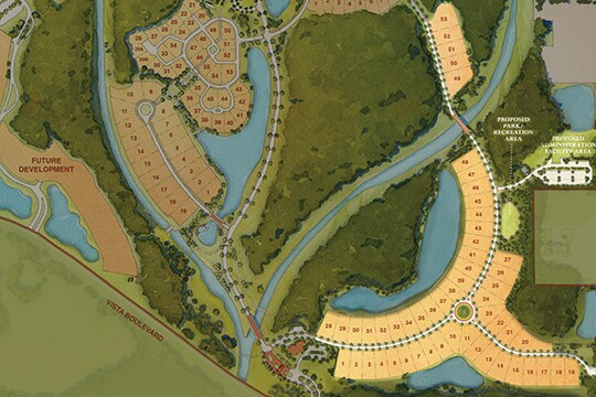 Natural beauty will await you at Kingswell, a new neighborhood that will feature estate-sized homesites—some with desirable water views. A map of Golden Oak, with the Kingswell neighborhood homesites prominently highlighted