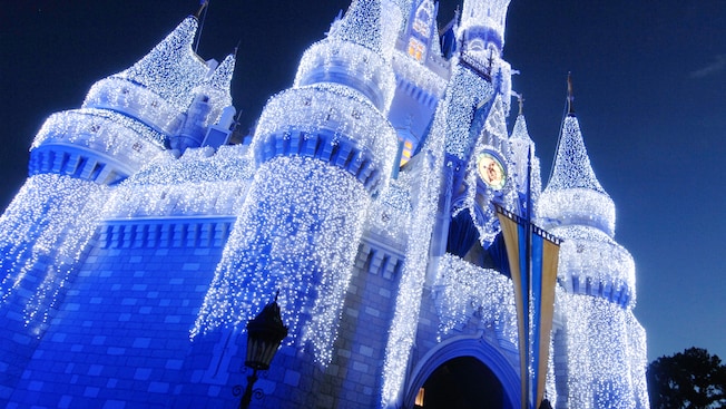 Cinderella Castle draped in white lights that shimmer in the night sky