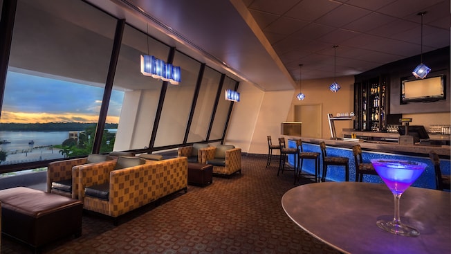 Outer Rim lounge at Disney's Contemporary Resort with view of Bay Lake through window