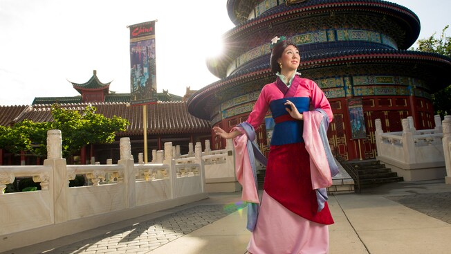 Mulan poses outside the Temple of Heaven at Meet Mulan in China at Epcot