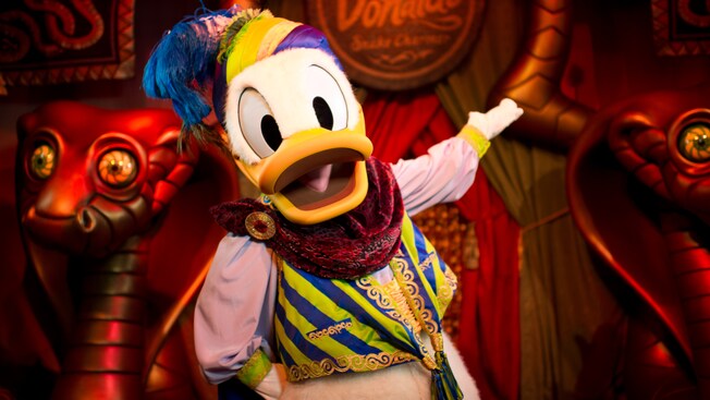Goofy, wearing a motorcycle jumpsuit, stands with his hands on his hips in front of a stunt cage with his crashed motorcycle at Pete's Silly Sideshow