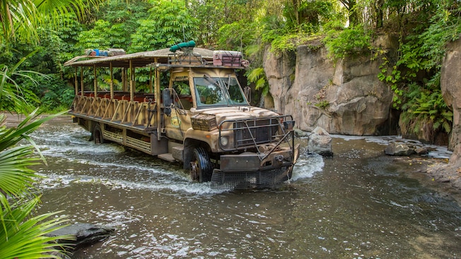 An open-air safari bus drives in a shallow river in the African outback