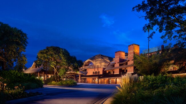 Jambo House, the main building at Disney's Animal Kingdom Lodge, at night