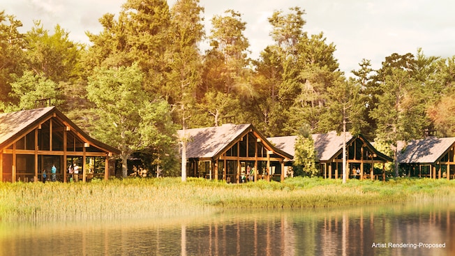 An artist rendering of a row of 4 Cabins facing Bay Lake