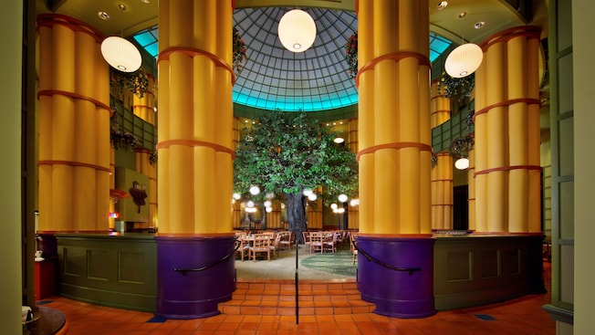 Entrance to Garden Grove restaurant flanked by towering columns