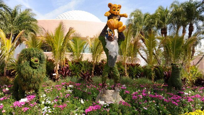 A topiary of Rafiki holding Simba from Disney’s The Lion King, as Mufasa and Sarabi look on