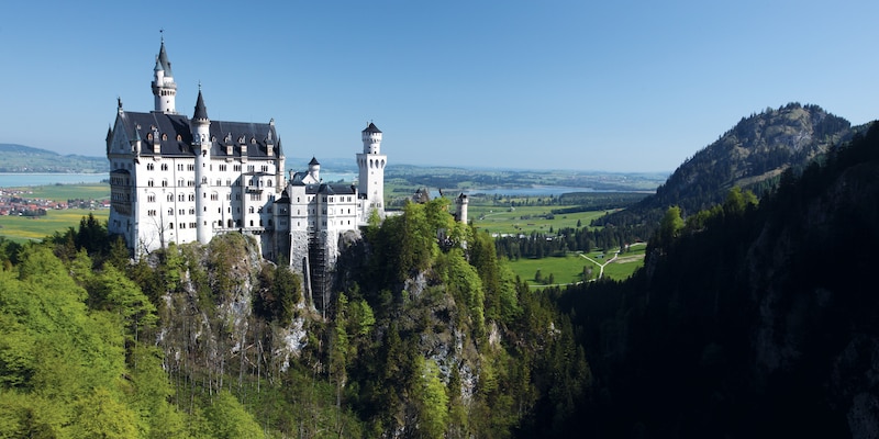 Neuschwanstein Castle atop a steep hill