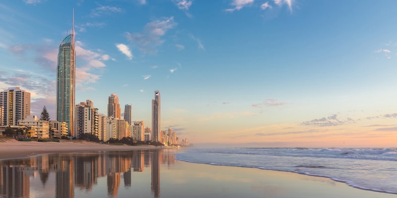 Skyscrapers line Australia's Gold Coast and the beach at high tide