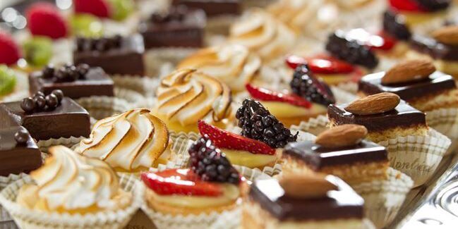 Rows of various French pastries