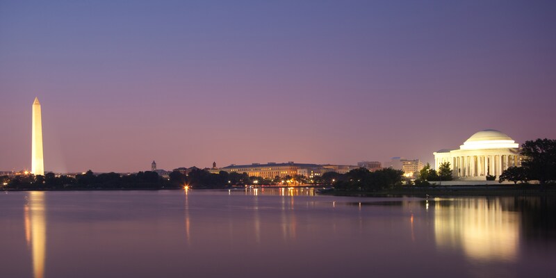 The Washington Memorial and Jefferson Memorial in Washington D.C. at night