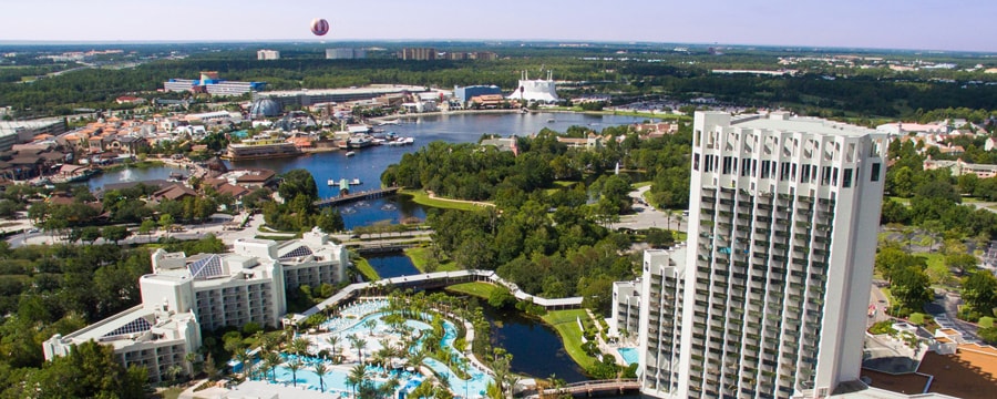 Hilton Orlando Buena Vista Palace Walt Disney World Resort A Resort With Buildings Lake Pool Area Trees Marina View Gallery An Image Of Hilton Orlando Buena Vista Palace