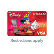 A Chase Disney Premier Visa Card featuring an image of Mickey Mouse casting a magic spell with text below the card that reads 'Restrictions Apply'