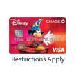 A Chase Disney Premier Visa Card featuring an image of Mickey Mouse casting a magic spell with text below the card that reads 'Restrictions Apply'