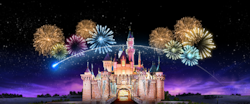 A single shooting star flies by as fireworks light up a starry night sky above Sleeping Beauty Castle