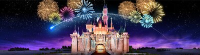 A single shooting star flies by as fireworks light up a starry night sky above Sleeping Beauty Castle