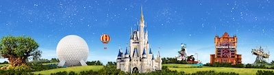 A hot air balloon passes Disneys Animal Kingdom, Epcot, Magic Kingdom Park and Disneys Hollywood Studios
