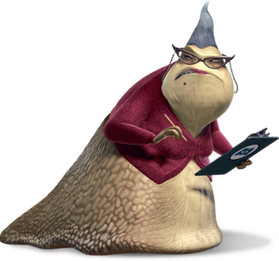 Roz from Monsters Incorporated scowls as she holds a pencil and a clipboard
