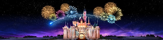 A single shooting star flies by as fireworks light up a starry night sky above Sleeping Beauty Castle